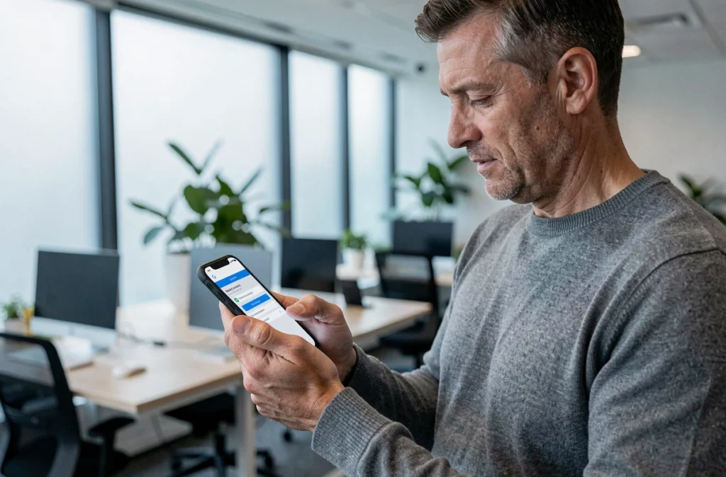 Homme accédant à son espace Cegidlife sur iPhone dans un espace de coworking