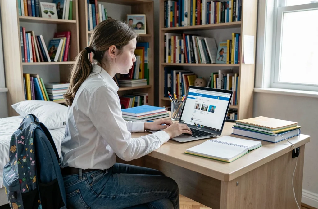 Adolescente utilisant la version web de l'ENT77 sur un ordinateur portable dans sa chambre d'étudiant