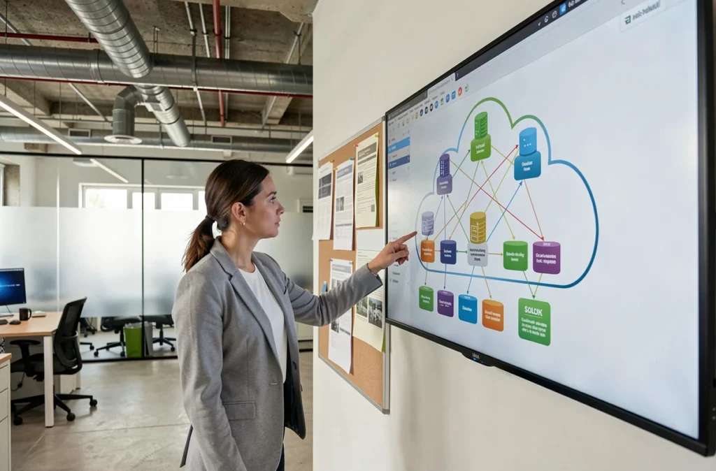 Architecte logicielle présentant un schéma d'infrastructure cloud virtualisée sur un écran interactif dans un bureau technologique moderne