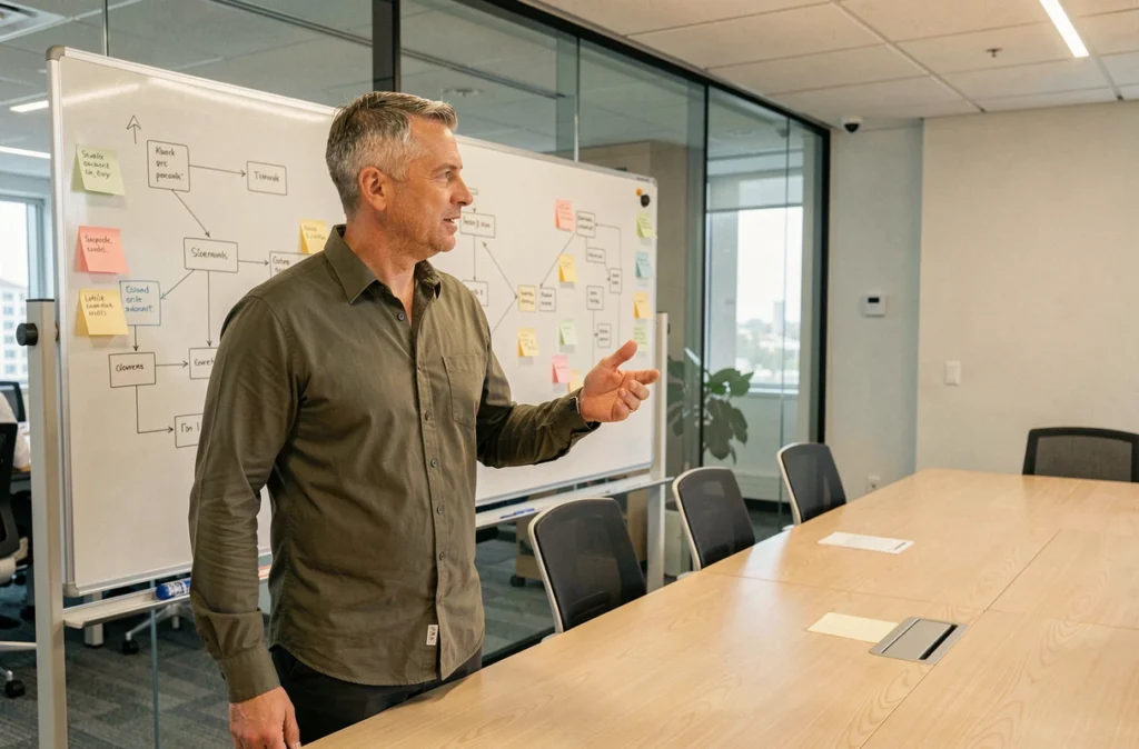 Architecte système en réunion présentant un schéma d'infrastructure informatique