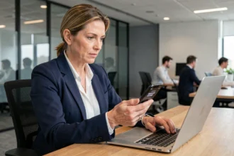 Une femme d'affaires utilisant l'authentification multifacteur sur son smartphone dans un open space d'entreprise moderne