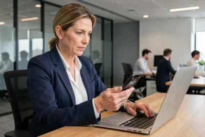 Une femme d'affaires utilisant l'authentification multifacteur sur son smartphone dans un open space d'entreprise moderne