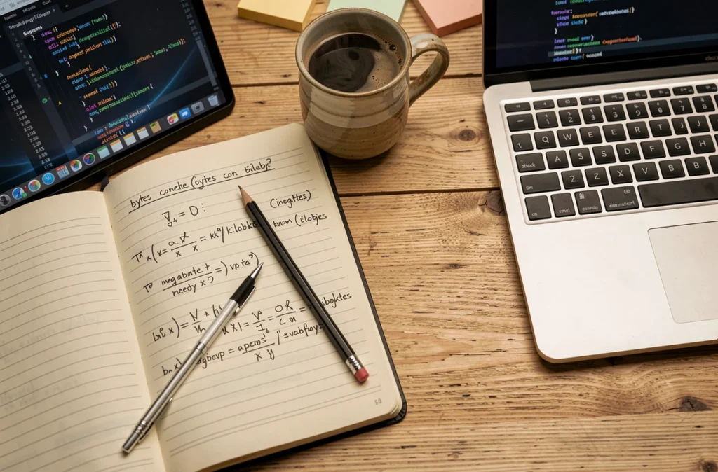 Vue aérienne d'un bureau avec un cahier de formules de conversion de tailles de fichiers et un code Go ouvert sur un ordinateur portable