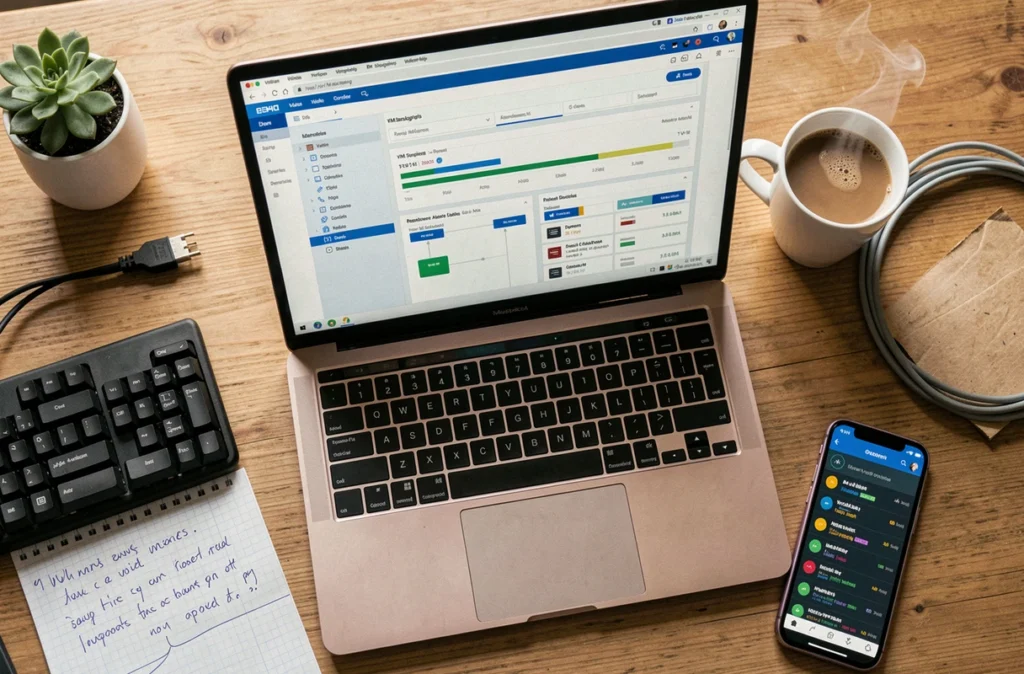 Vue aérienne d'un bureau de développeur avec console de gestion de machines virtuelles et outils de virtualisation IT