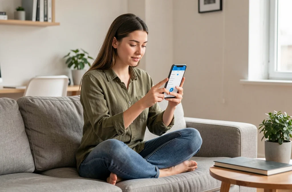 Jeune femme consultant son compte Cegidlife sur smartphone depuis son domicile