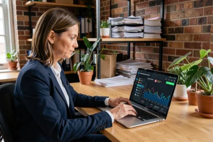 Femme cheffe de petite entreprise analysant un tableau de bord de cybersécurité sur son ordinateur portable au bureau
