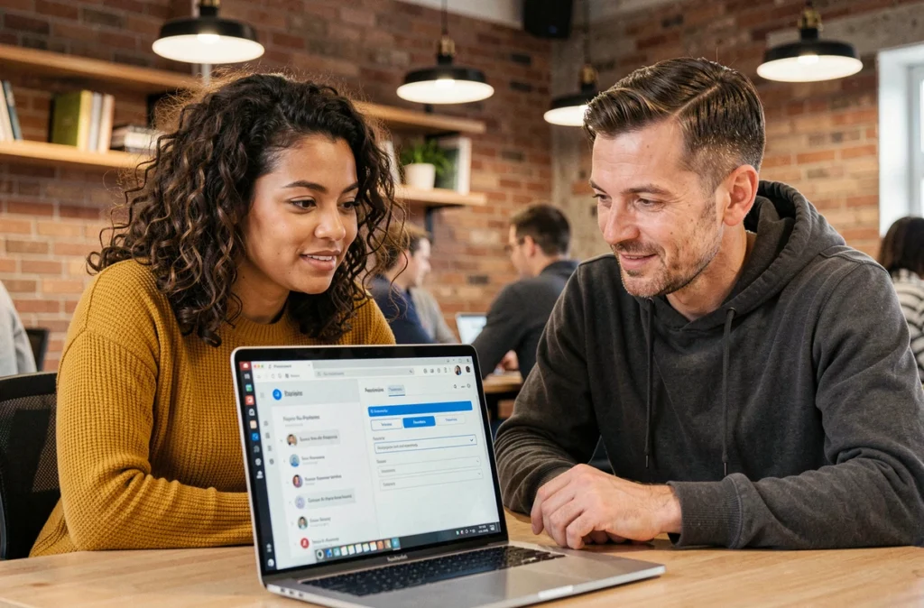 Deux collègues collaborant sur l'organisation de dossiers partagés dans le cloud depuis un espace de coworking moderne