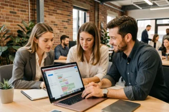 Équipe de professionnels collaborant en temps réel sur un document partagé autour d'un ordinateur portable
