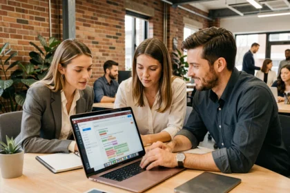 Équipe de professionnels collaborant en temps réel sur un document partagé autour d'un ordinateur portable