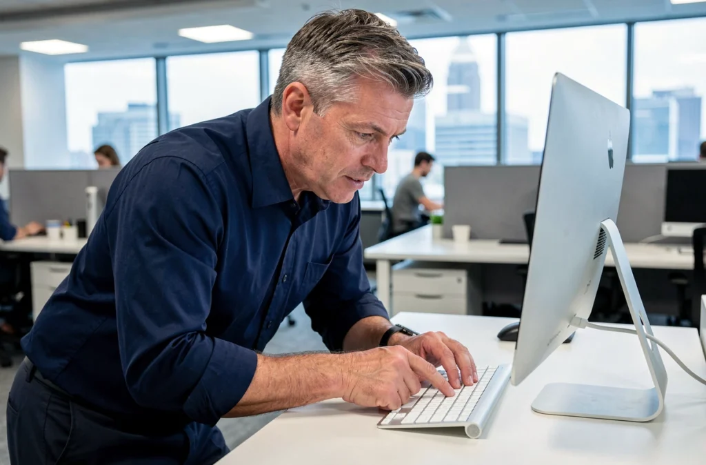 Homme en bureau open-space comparant les touches Shift et Majuscule sur un clavier Magic Keyboard Apple