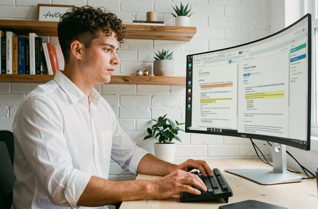 Jeune développeur comparant deux versions d'un document sur un écran ultrawide dans un bureau à domicile minimaliste