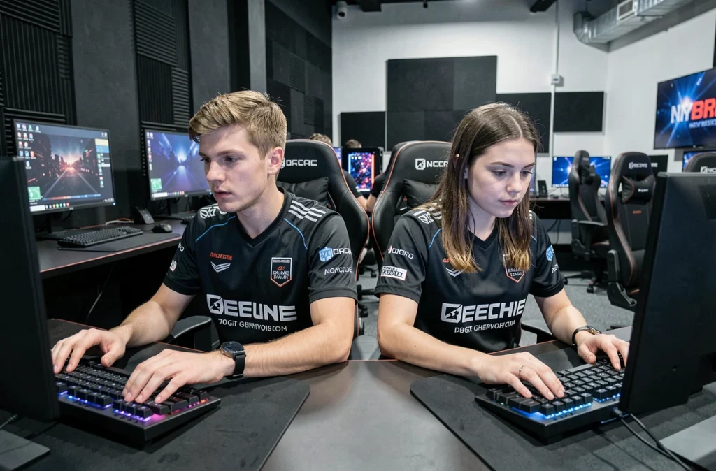 Deux joueurs en compétition tapant sur des claviers mécaniques dans une salle d'entraînement esport professionnelle