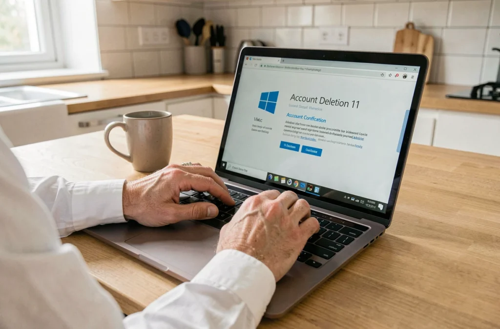 Mains confirmant la suppression d'un compte Microsoft sur un ordinateur portable Windows 11