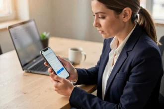 Femme professionnelle connectée à son compte Cegidlife sur smartphone au bureau