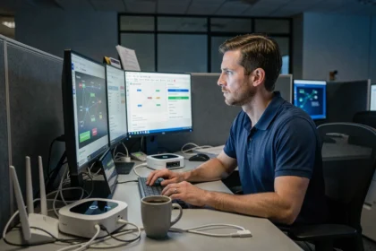 Professionnel de la cybersécurité analysant des alertes réseau sur plusieurs écrans dans un bureau nocturne avec des objets connectés visibles sur le bureau