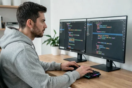 Développeur informatique travaillant sur un script de conversion de tailles de fichiers en langage Go sur un double écran