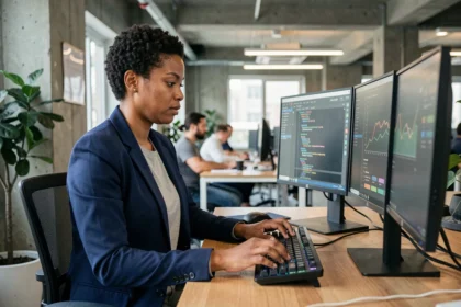 Développeuse informatique travaillant sur du code dans un bureau moderne en 2024