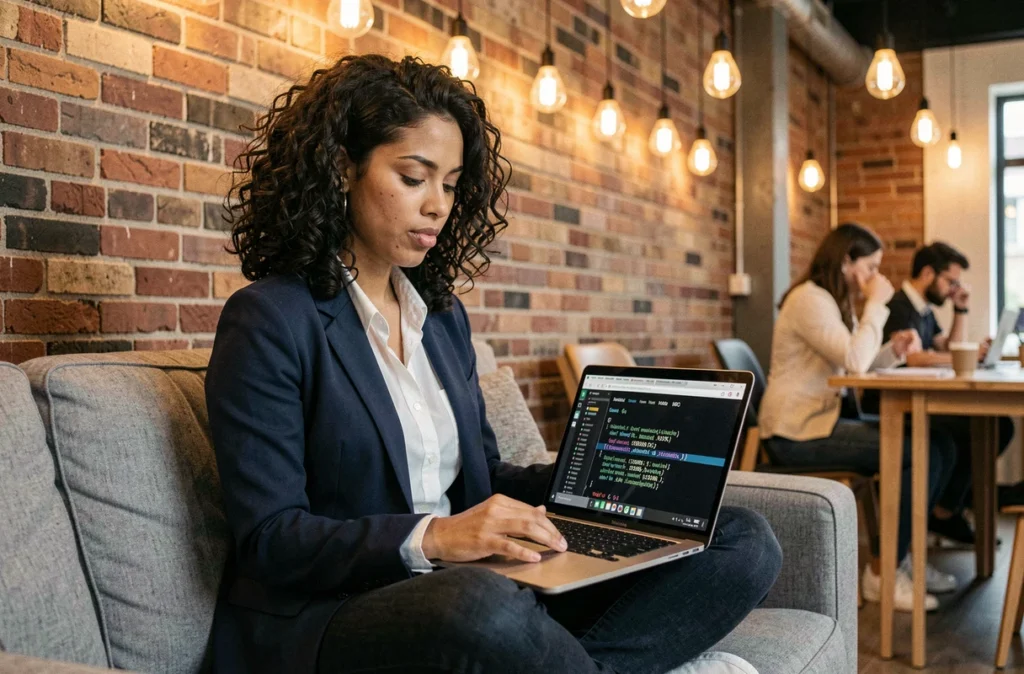 Développeuse utilisant un laptop dans un espace de coworking pour convertir des octets en gigaoctets avec le langage Go