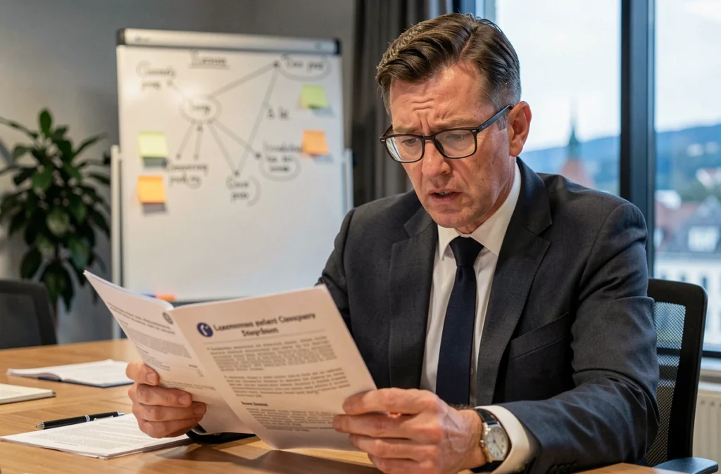 Dirigeant de PME luxembourgeoise analysant un rapport d'incident ransomware lors d'une réunion de crise