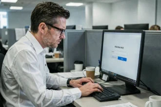 Employé de bureau frustré tapant un mot de passe simple sur son ordinateur dans un open space d'entreprise