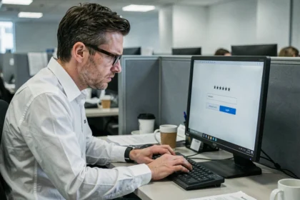Employé de bureau frustré tapant un mot de passe simple sur son ordinateur dans un open space d'entreprise