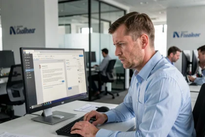 Employé de bureau qui examine un email suspect de phishing sur son ordinateur dans un open space moderne