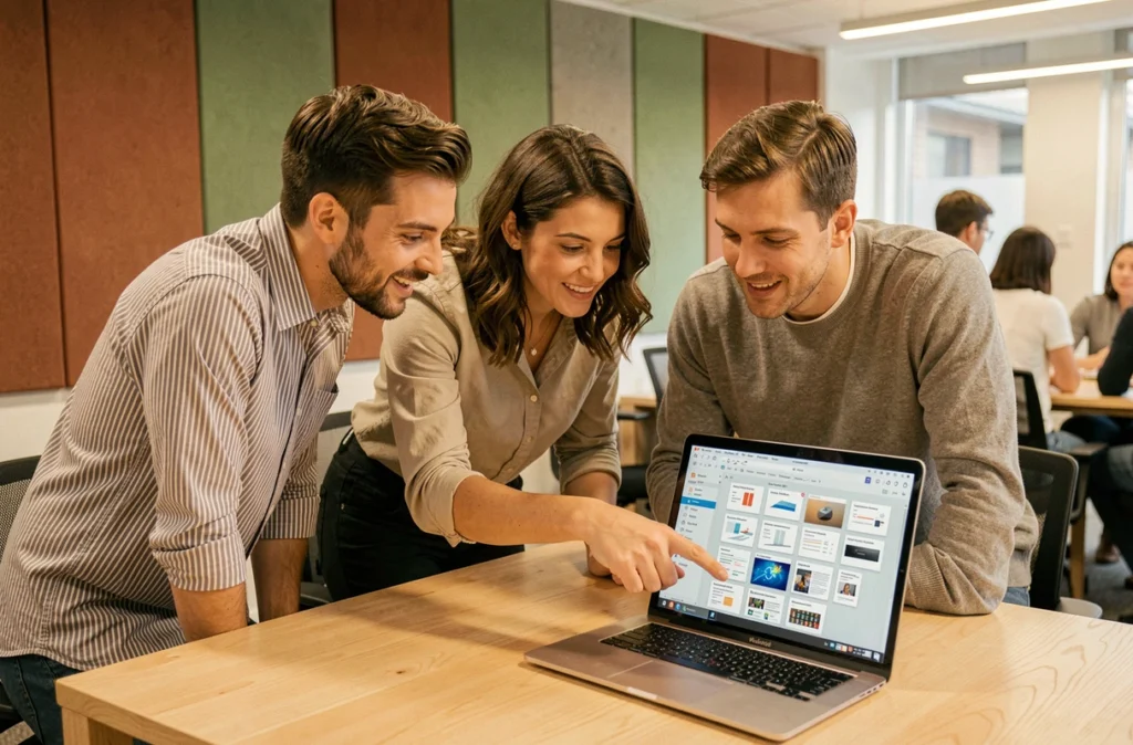 Équipe de collègues collaborant autour d'un tutoriel PowerPoint en espace de travail moderne