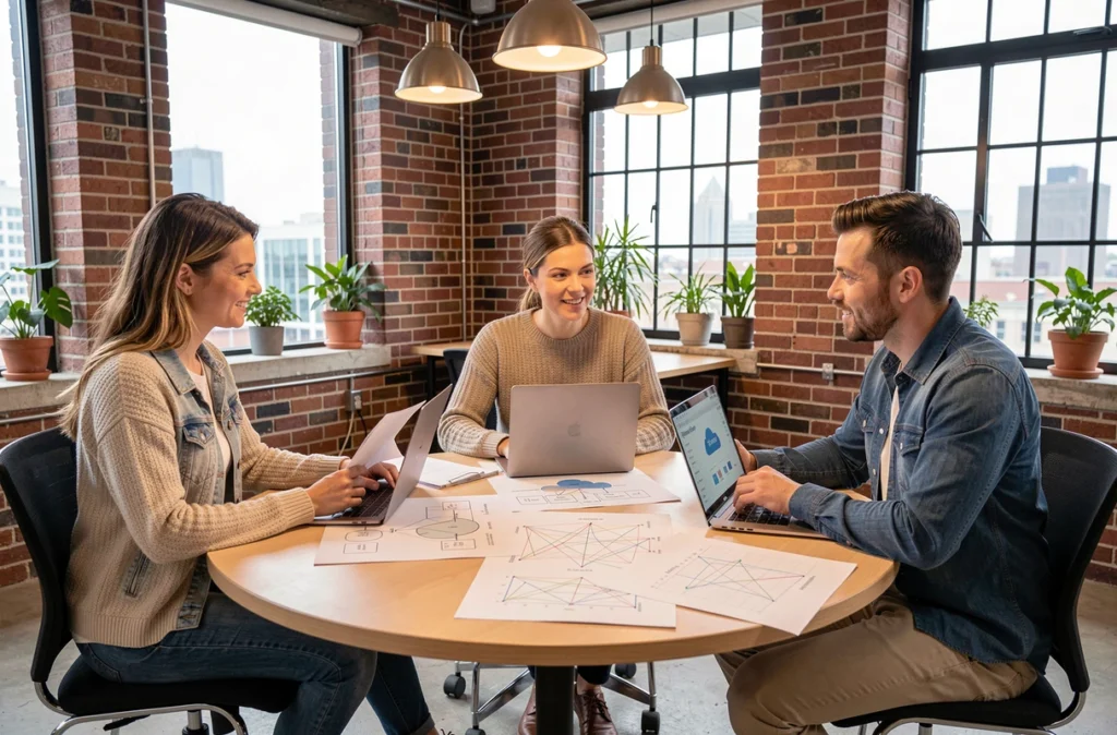 Une équipe de professionnels collaborant autour d'une table sur une stratégie de cloud hybride dans un espace de co-working moderne