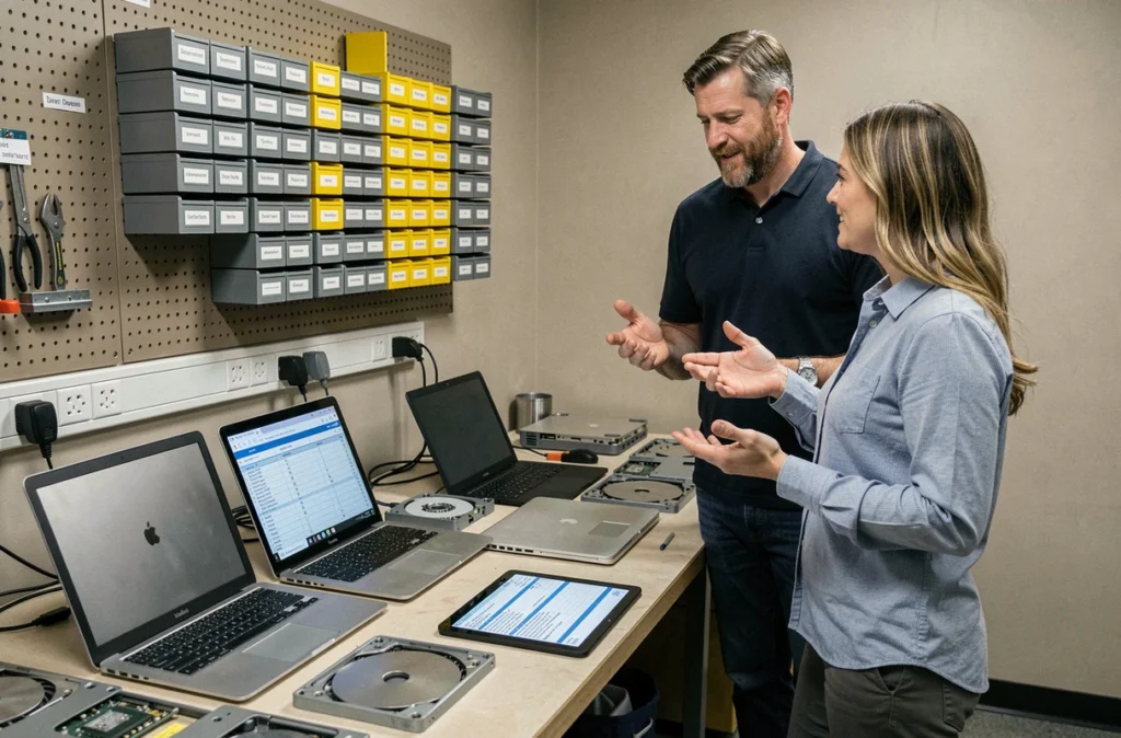 Deux techniciens informatiques collaborant sur la maintenance d'équipements en atelier