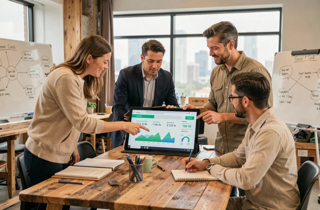 Équipe de professionnels en réunion collaborative autour d'indicateurs de sobriété numérique et d'empreinte carbone informatique