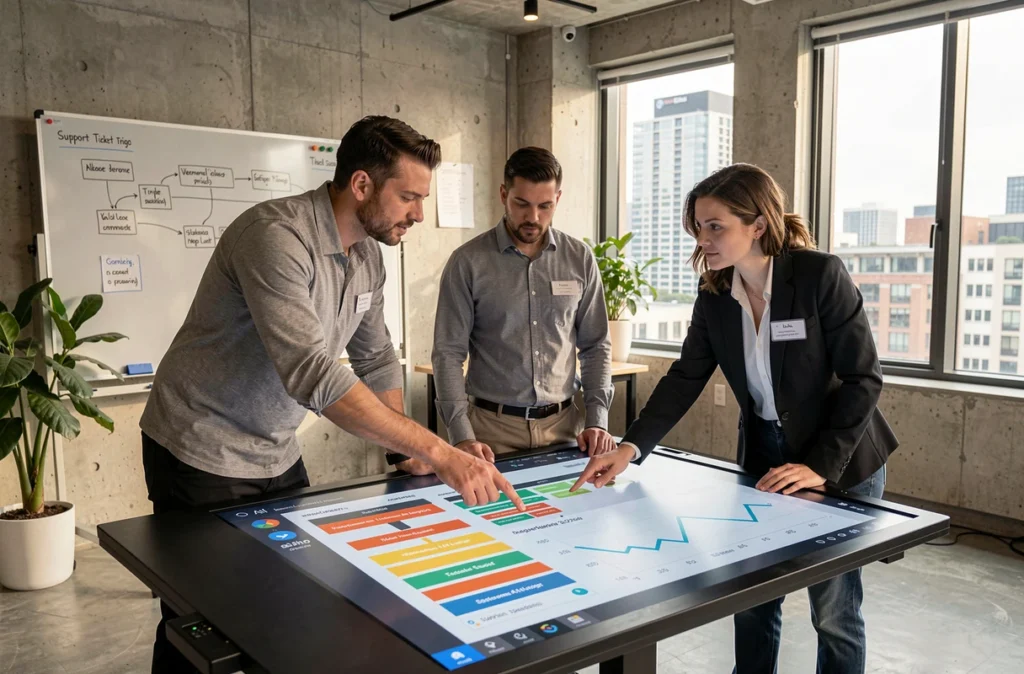 Équipe support technique analysant un système de triage IA sur table interactive dans une salle de travail moderne