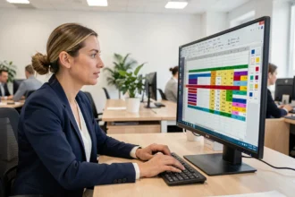 Femme professionnelle analysant un tableau Excel sur un écran d'ordinateur dans un bureau moderne