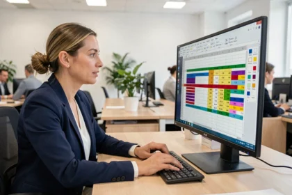 Femme professionnelle analysant un tableau Excel sur un écran d'ordinateur dans un bureau moderne