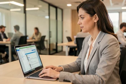 Femme professionnelle configurant un envoi de mails groupés dans Outlook sur son ordinateur portable au bureau