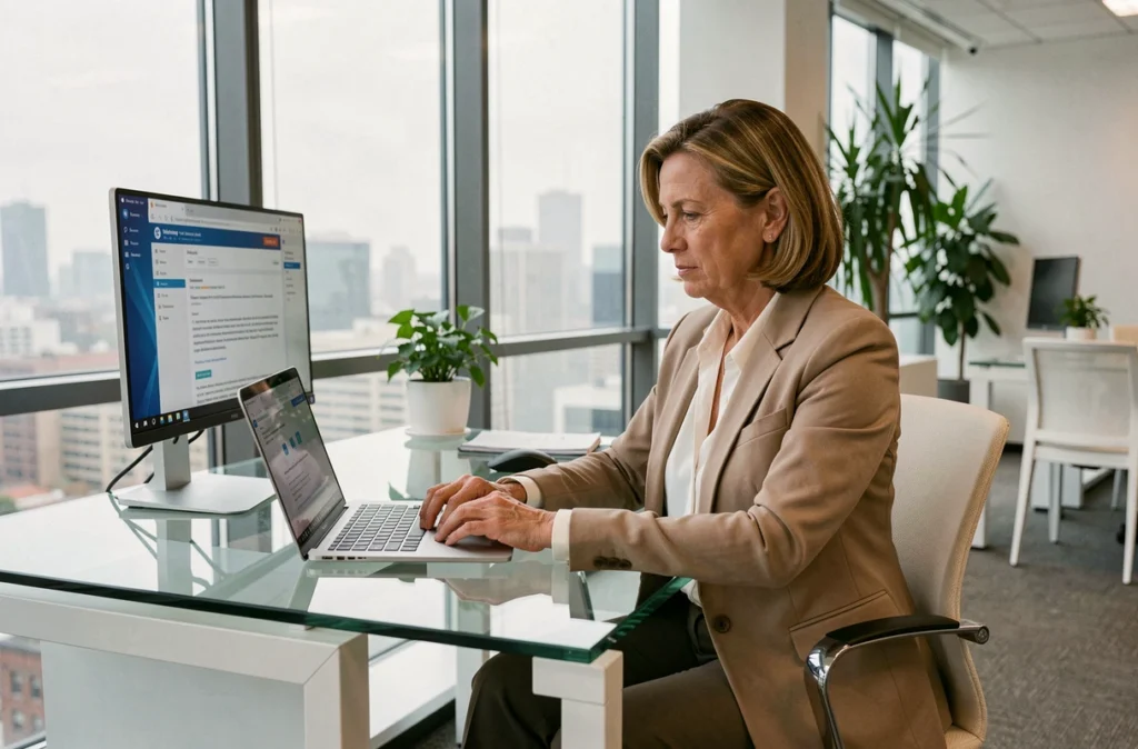 Femme d'affaires consultant un rapport de récupération après incident et une interface de sauvegarde cloud au bureau
