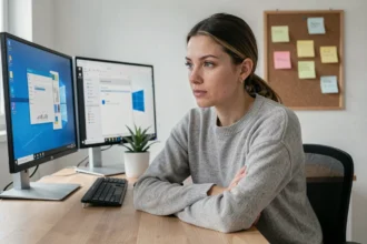 Femme comparant Windows 10 et Windows 11 sur deux écrans dans un bureau à domicile moderne