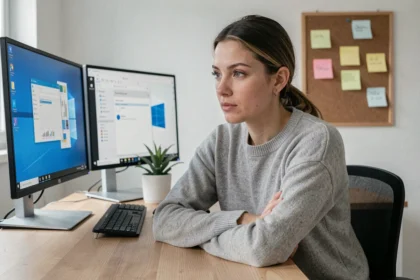 Femme comparant Windows 10 et Windows 11 sur deux écrans dans un bureau à domicile moderne