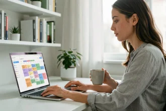 Femme utilisant Google Agenda sur un ordinateur portable dans un bureau à domicile moderne et épuré