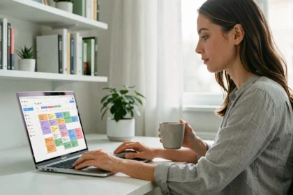 Femme utilisant Google Agenda sur un ordinateur portable dans un bureau à domicile moderne et épuré