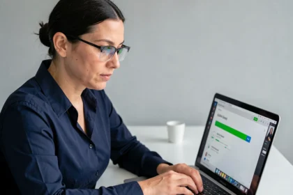 Femme informaticienne appliquant une mise à jour logicielle sur son ordinateur portable pour protéger contre les failles de sécurité