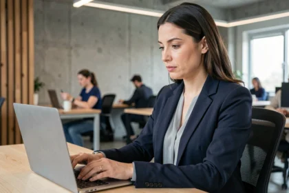 Femme professionnelle travaillant sur un ordinateur portable ultra-fin dans un bureau moderne en open space