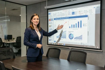 Femme professionnelle présentant des diapositives PowerPoint avancées en salle de conférence d'entreprise