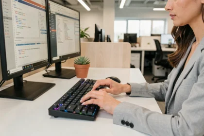 Femme utilisant des raccourcis clavier sur un bureau minimaliste en open space pour gagner du temps au travail
