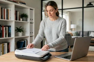 Femme scannant un document sans fil sur un scanner réseau connecté au Wi-Fi dans un bureau à domicile moderne