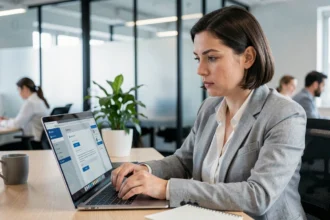 Femme professionnelle sécurisant les paramètres de partage de documents sur son ordinateur portable au bureau
