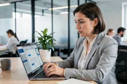 Femme professionnelle sécurisant les paramètres de partage de documents sur son ordinateur portable au bureau