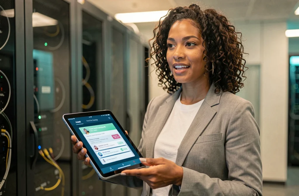 Femme technicienne tenant une tablette avec assistant IA devant une salle de serveurs professionnelle