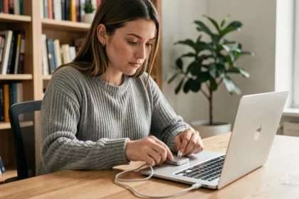 Jeune femme connectant un lecteur MP3 à un ordinateur portable pour télécharger de la musique