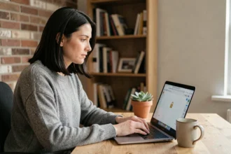 Femme en télétravail utilisant un VPN sécurisé sur son ordinateur portable depuis un bureau à domicile