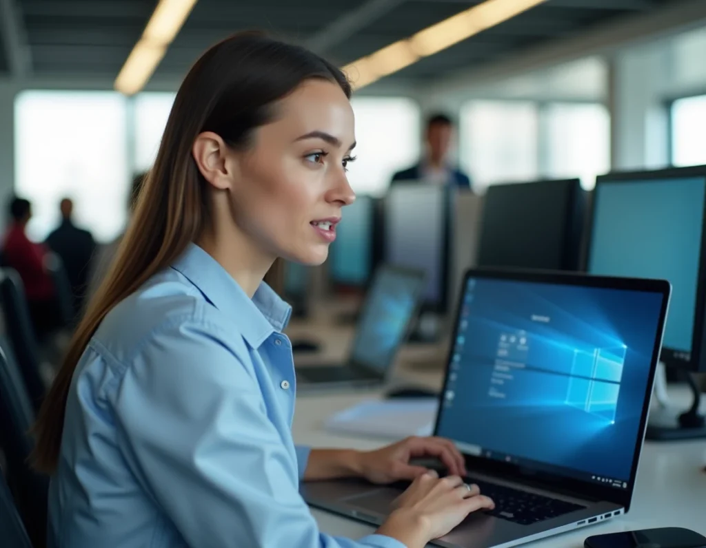 Une femme consulte les paramètres de protection de Windows Defender sur son ordinateur portable en entreprise